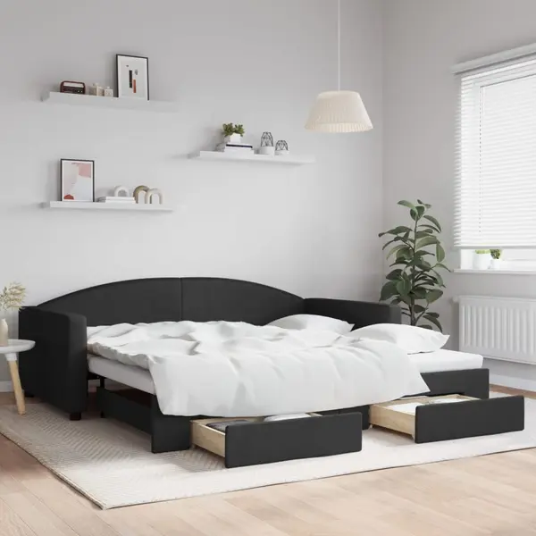 Gossi pat de zi cu extensie si sertare, negru, 100x200 cm, textil