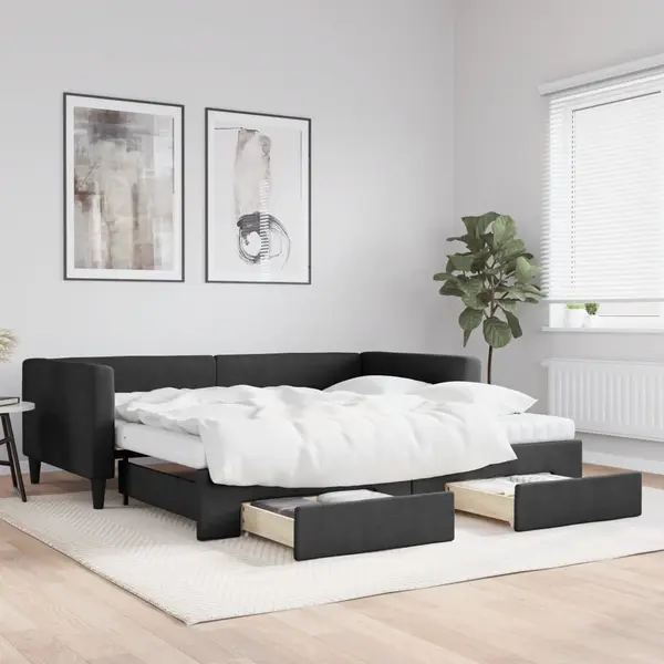 Gossi pat de zi cu extensie si sertare, negru, 100x200 cm, textil