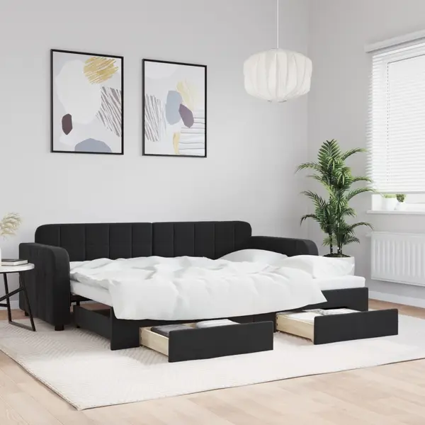 Gossi pat de zi cu extensie si sertare, negru, 80x200 cm, catifea