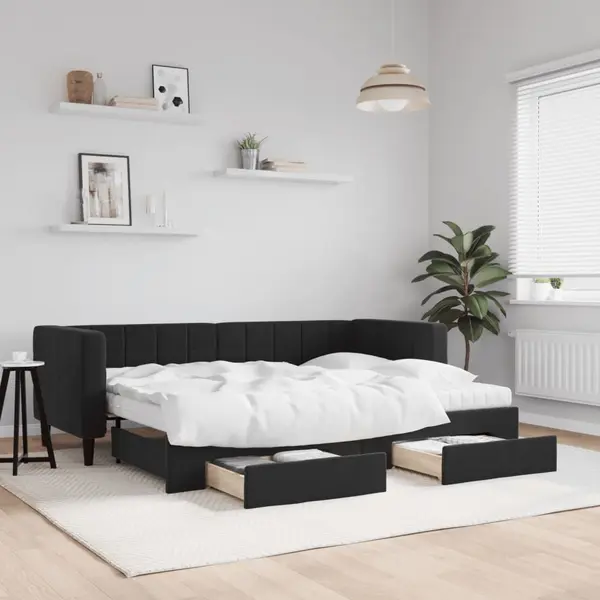 Gossi pat de zi cu extensie si sertare, negru, 80x200 cm, catifea