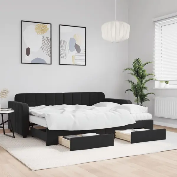 Gossi pat de zi cu extensie si sertare, negru, 80x200 cm, catifea