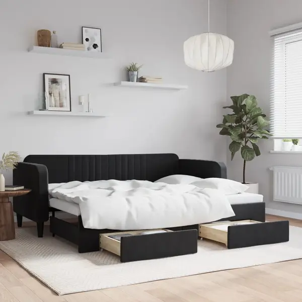 Gossi pat de zi cu extensie si sertare, negru, 80x200 cm, catifea