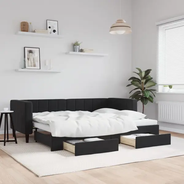 Gossi pat de zi cu extensie si sertare, negru, 80x200 cm, catifea