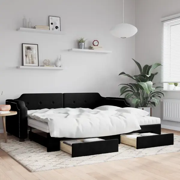 Gossi pat de zi cu extensie si sertare, negru, 80x200 cm, textil