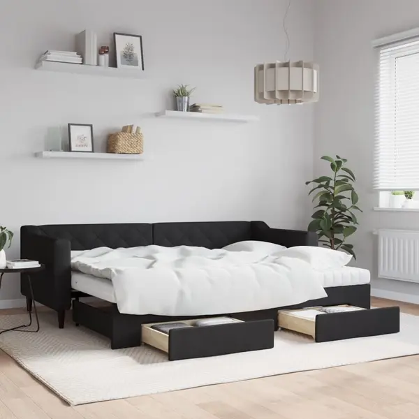 Gossi pat de zi cu extensie si sertare, negru, 80x200 cm, textil