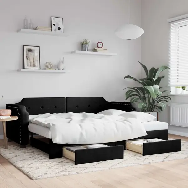 Gossi pat de zi cu extensie si sertare, negru, 80x200 cm, textil