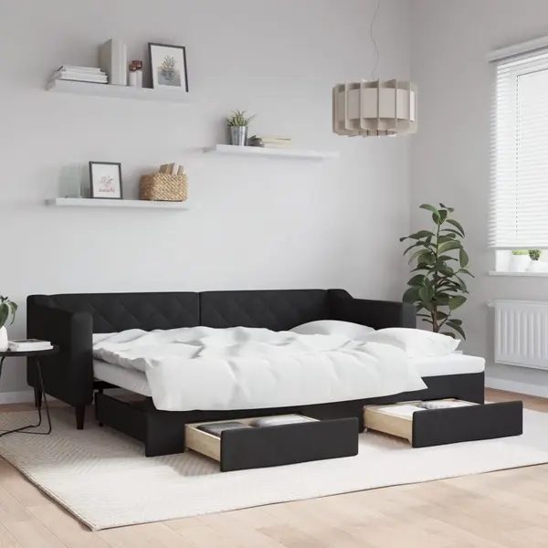 Gossi pat de zi cu extensie si sertare, negru, 80x200 cm, textil