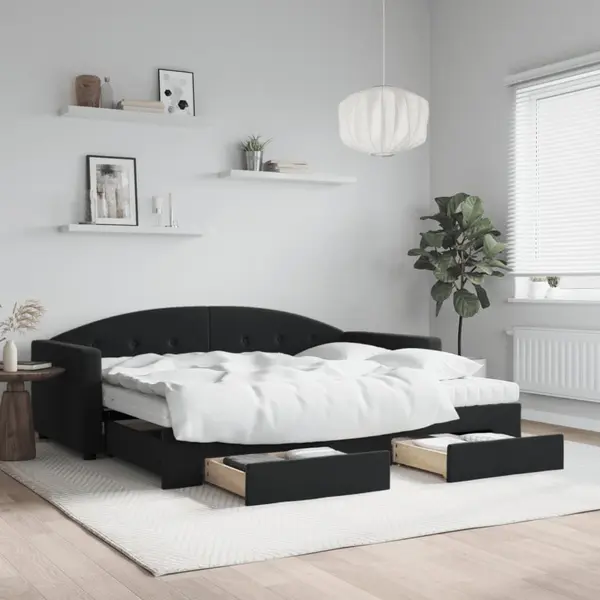 Gossi pat de zi cu extensie si sertare, negru, 90x190 cm, catifea