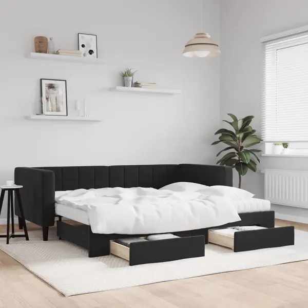 Gossi pat de zi cu extensie si sertare, negru, 90x190 cm, catifea