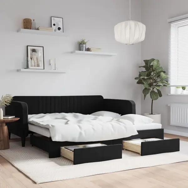 Gossi pat de zi cu extensie si sertare, negru, 90x190 cm, catifea