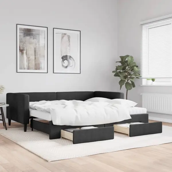 Gossi pat de zi cu extensie si sertare, negru, 90x190cm, textil
