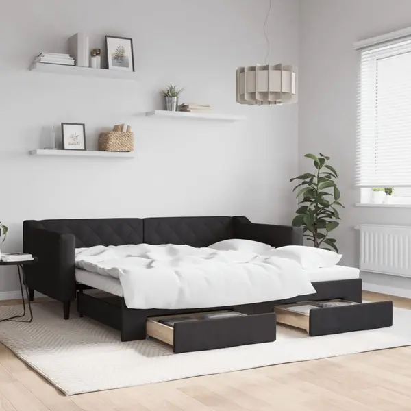Gossi pat de zi cu extensie si sertare, negru, 90x190cm, textil