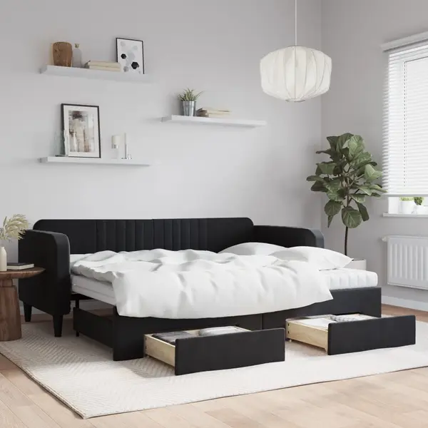 Gossi pat de zi cu extensie si sertare, negru, 90x200 cm, catifea