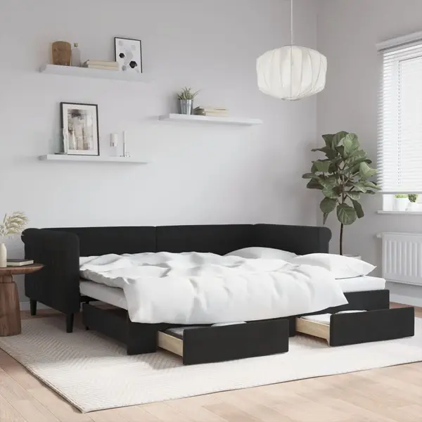 Gossi pat de zi cu extensie si sertare, negru, 90x200 cm, catifea