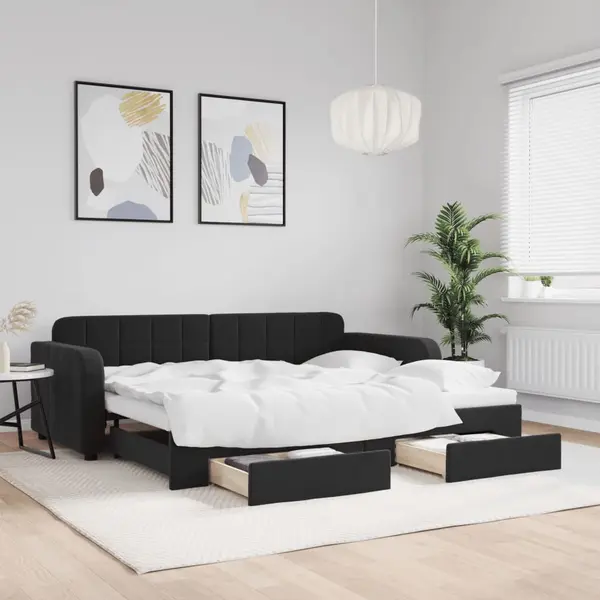 Gossi pat de zi cu extensie si sertare, negru, 90x200 cm, catifea