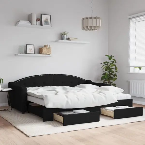 Gossi pat de zi cu extensie si sertare, negru, 90x200 cm, textil