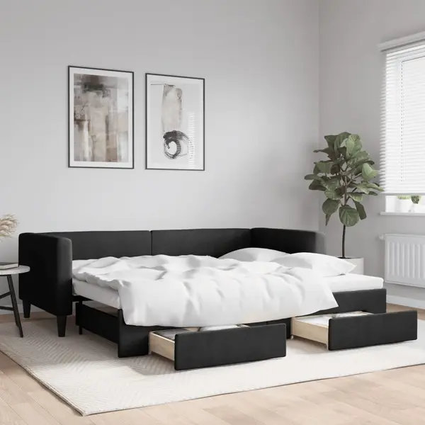 Gossi pat de zi cu extensie si sertare, negru, 90x200 cm, textil