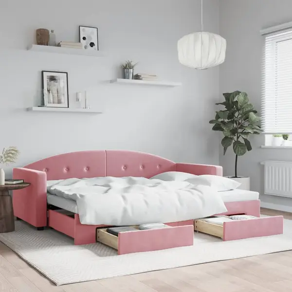 Gossi pat de zi cu extensie si sertare, roz, 80x200 cm, catifea