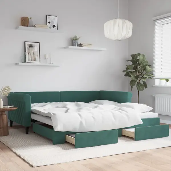 Gossi pat de zi cu extensie si sertare verde inchis 100x200cm catifea