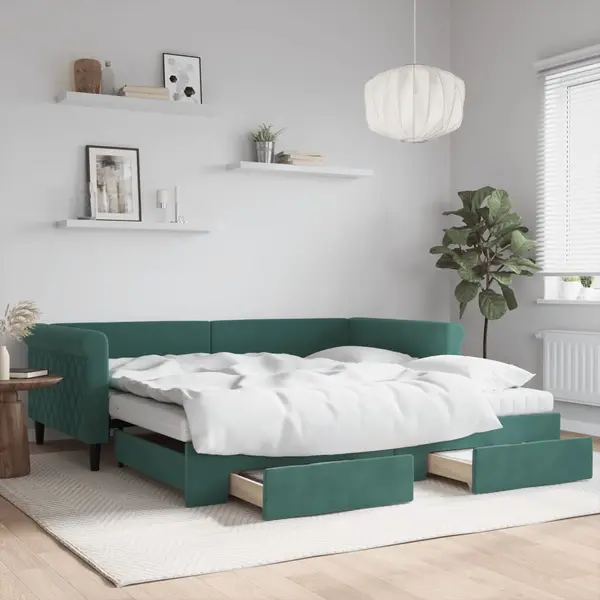 Gossi pat de zi cu extensie si sertare verde inchis 100x200cm catifea