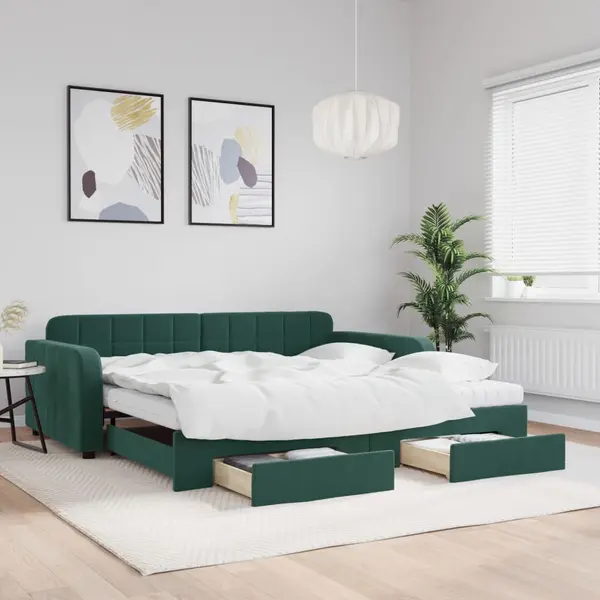 Gossi pat de zi cu extensie si sertare verde inchis 100x200cm catifea