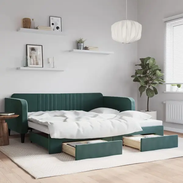 Gossi pat de zi cu extensie si sertare verde inchis 100x200cm catifea