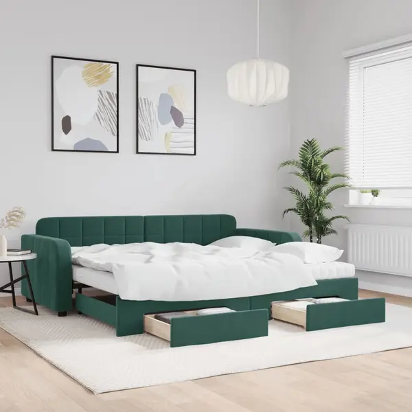 Gossi pat de zi cu extensie si sertare verde inchis 90x200 cm catifea
