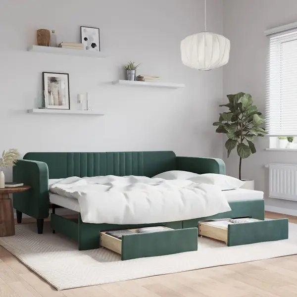 Gossi pat de zi cu extensie si sertare verde inchis 90x200 cm catifea