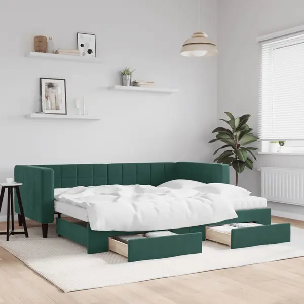 Gossi pat de zi cu extensie si sertare verde inchis 90x200 cm catifea