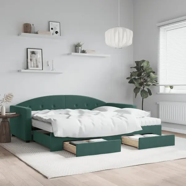 Gossi pat de zi cu extensie si sertare verde inchis 90x200 cm catifea