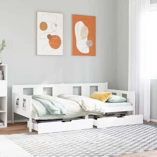 Gossi pat de zi cu sertare, alb, 80x200 cm, lemn masiv pin