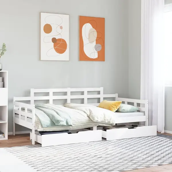 Gossi pat de zi cu sertare, alb, 80x200 cm, lemn masiv pin