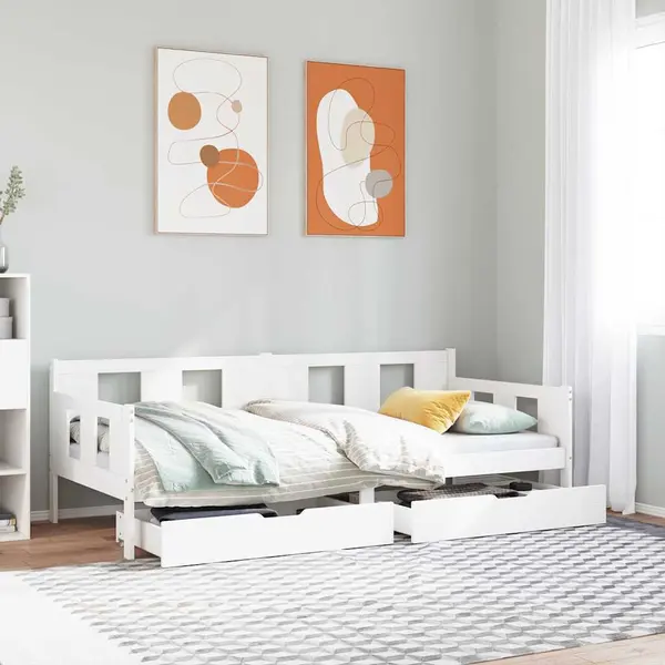 Gossi pat de zi cu sertare, alb, 90x190 cm, lemn masiv pin