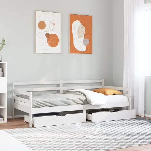 Gossi pat de zi cu sertare, alb, 90x200 cm, lemn masiv pin