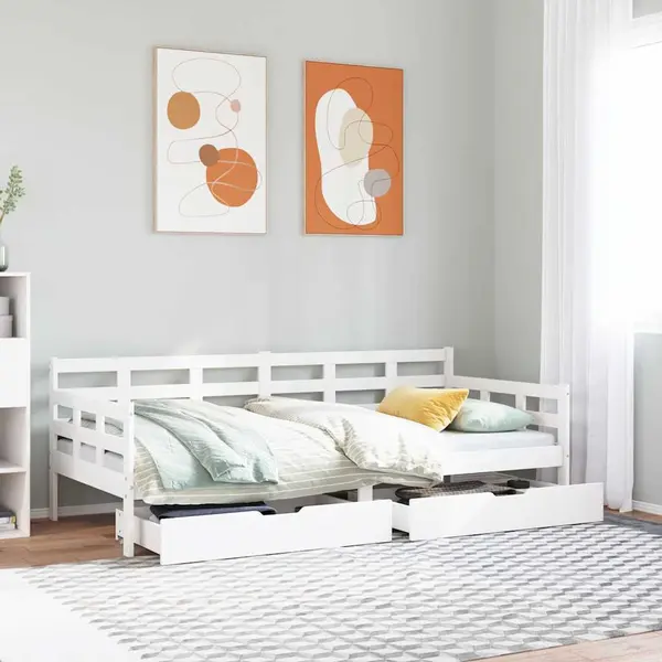 Gossi pat de zi cu sertare, alb, 90x200 cm, lemn masiv pin