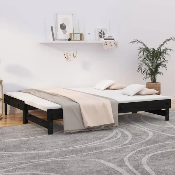 Gossi pat de zi extensibil, negru, 2x(80x200) cm, lemn masiv de pin
