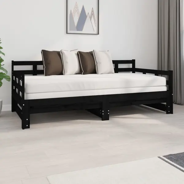 Gossi pat de zi extensibil, negru, 2x(90x190) cm, lemn masiv de pin