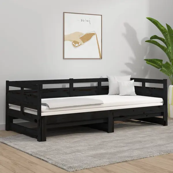 Gossi pat de zi extensibil, negru, 2x(90x190) cm, lemn masiv de pin