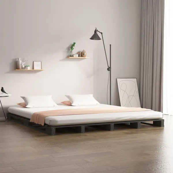 Gossi pat din paleti king size, gri, 150x200 cm, lemn masiv de pin