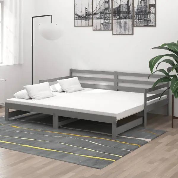 Gossi pat extensibil de zi, 2x(90x200) cm, gri, lemn masiv de pin