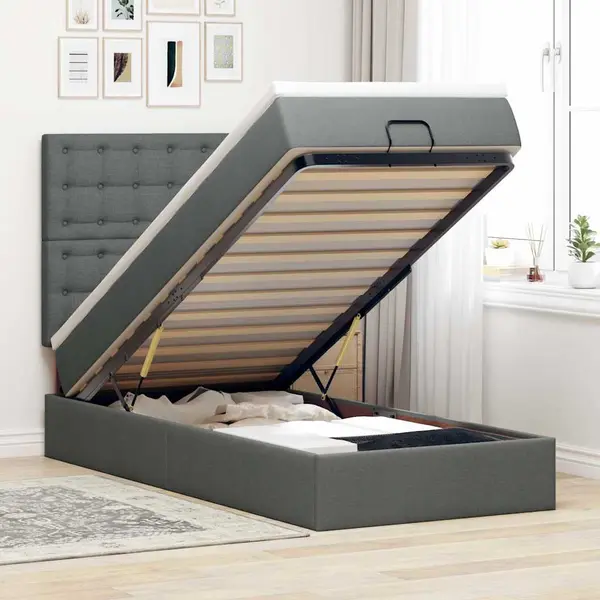Gossi pat otoman cu saltea si led-uri, gri inchis, 80x200cm, textil