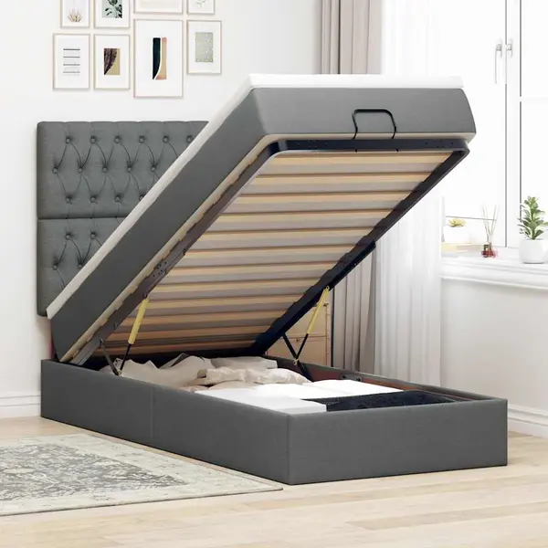 Gossi pat otoman cu saltea si led-uri, gri inchis, 80x200cm, textil