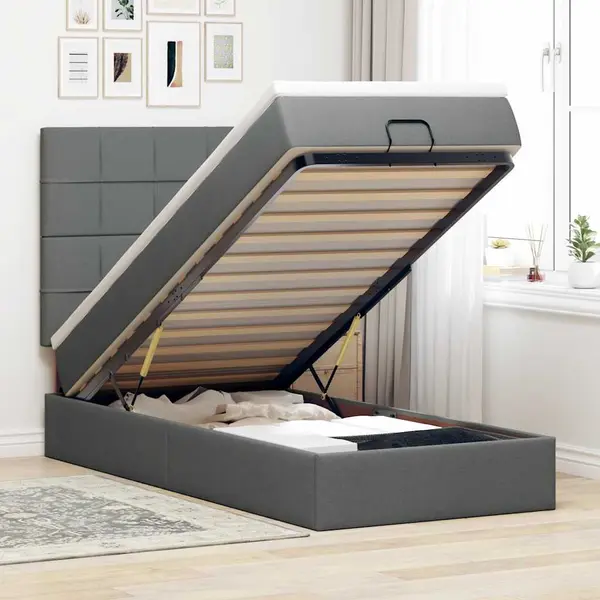 Gossi pat otoman cu saltea si led-uri, gri inchis, 90x200 cm, textil