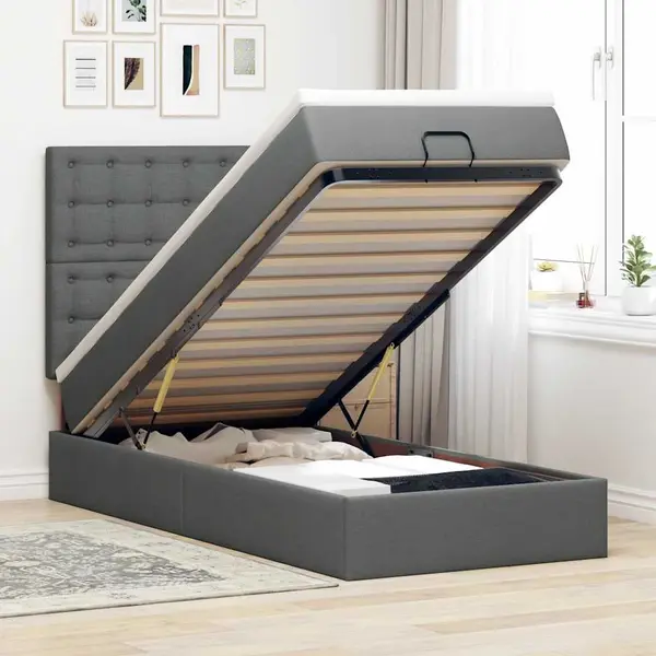 Gossi pat otoman cu saltea si led-uri, gri inchis, 90x200 cm, textil