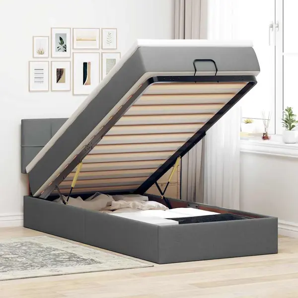 Gossi pat otoman cu saltea si led-uri, gri inchis, 90x200 cm, textil