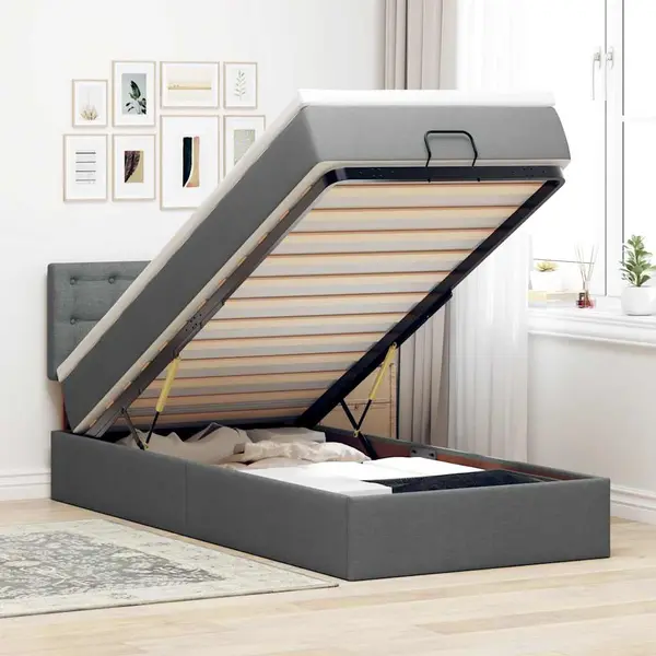 Gossi pat otoman cu saltea si led-uri, gri inchis, 90x200 cm, textil