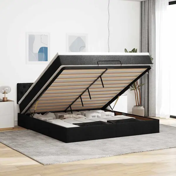 Gossi pat otoman cu saltea si led-uri, negru, 180x200cm, textil