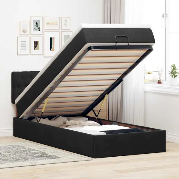 Gossi pat otoman cu saltea si led-uri, negru, 80x200cm, catifea