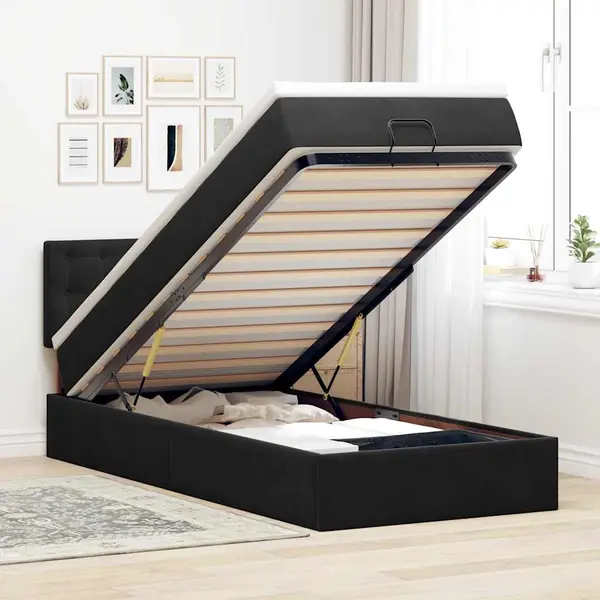 Gossi pat otoman cu saltea si led-uri, negru, 80x200cm, catifea