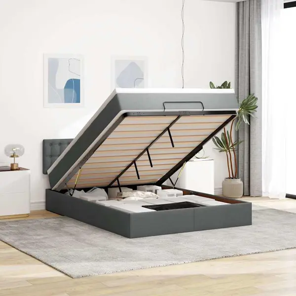 Gossi pat otoman cu saltea si led-uri tesatura gri inchis 140x190 cm